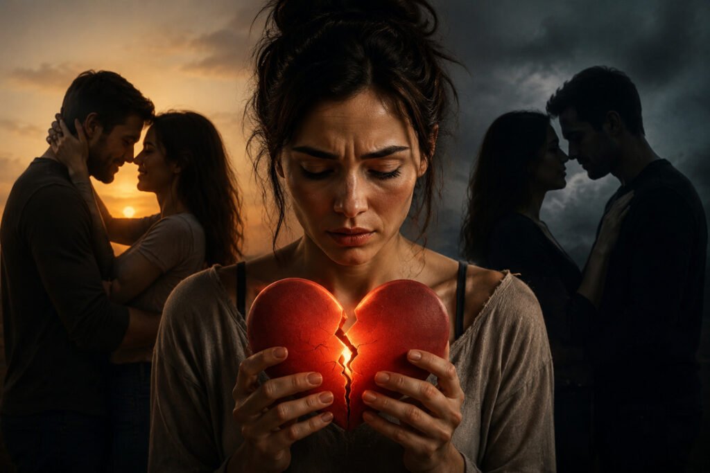 Mulher sofrendo com a traição e refletindo sobre a psicologia do amor e da infidelidade