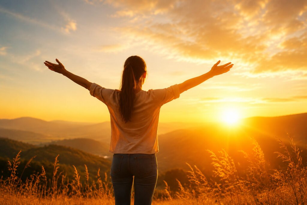 Pessoa aumentando a autoestima e confiança pessoal diante de uma paisagem ao nascer do sol mostrando transformação mental e desenvolvimento pessoal